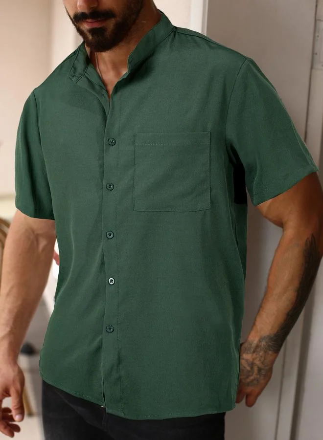 Take Two Men Dark Green Mandarin Collar Short Sleeve Shirt